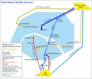 Una utile mappa dei collegamenti tra Parigi e i suoi Aeroporti